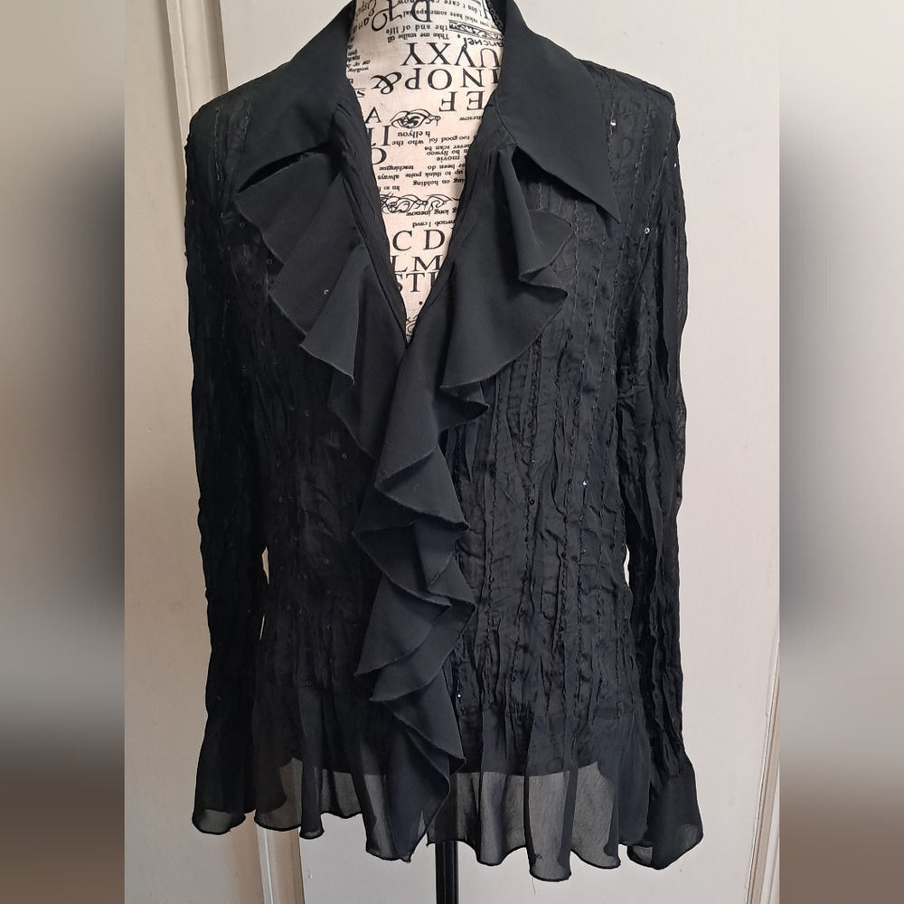 Notations black, ruffled top with sequins.
